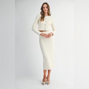 HIGH END Knit Long Sleeve Jewel Button Down Jacket and Matching MIDI SKIRT SET